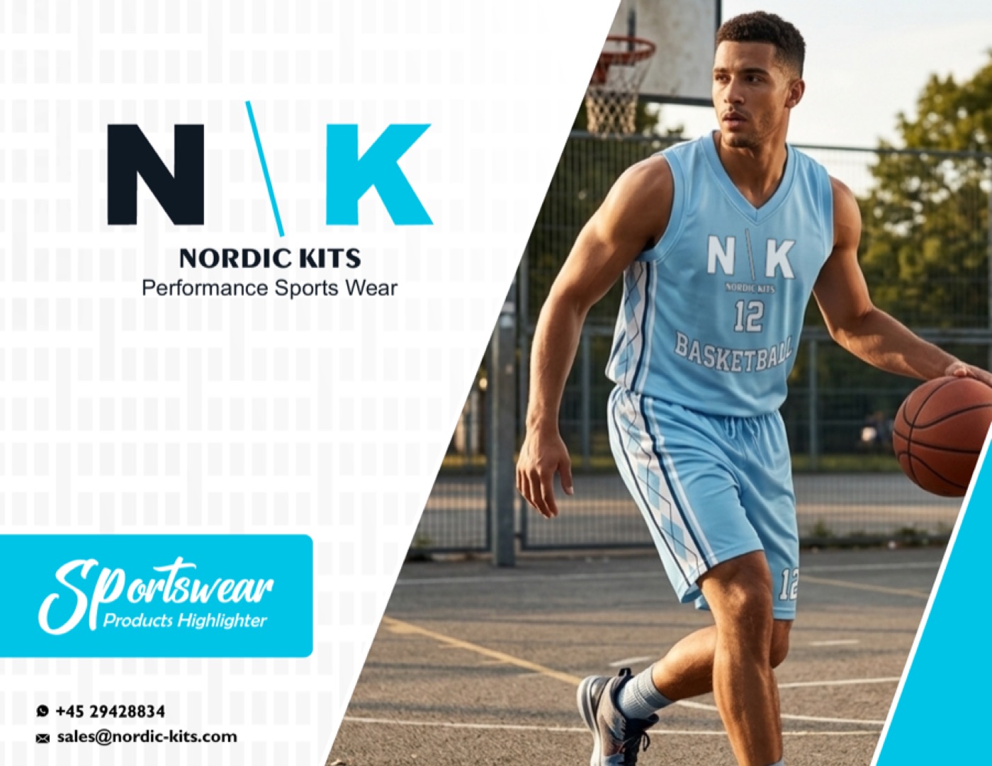 Nordic Kits catalogue cover with custom baby blue basketball uniform